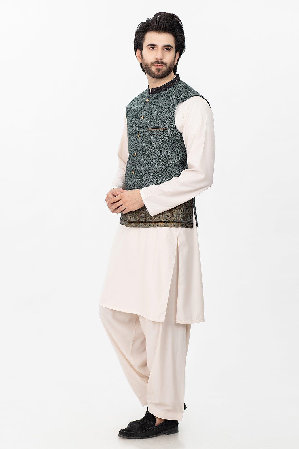 B-GREEN-JAMAWAR-WAIST COAT (50895)