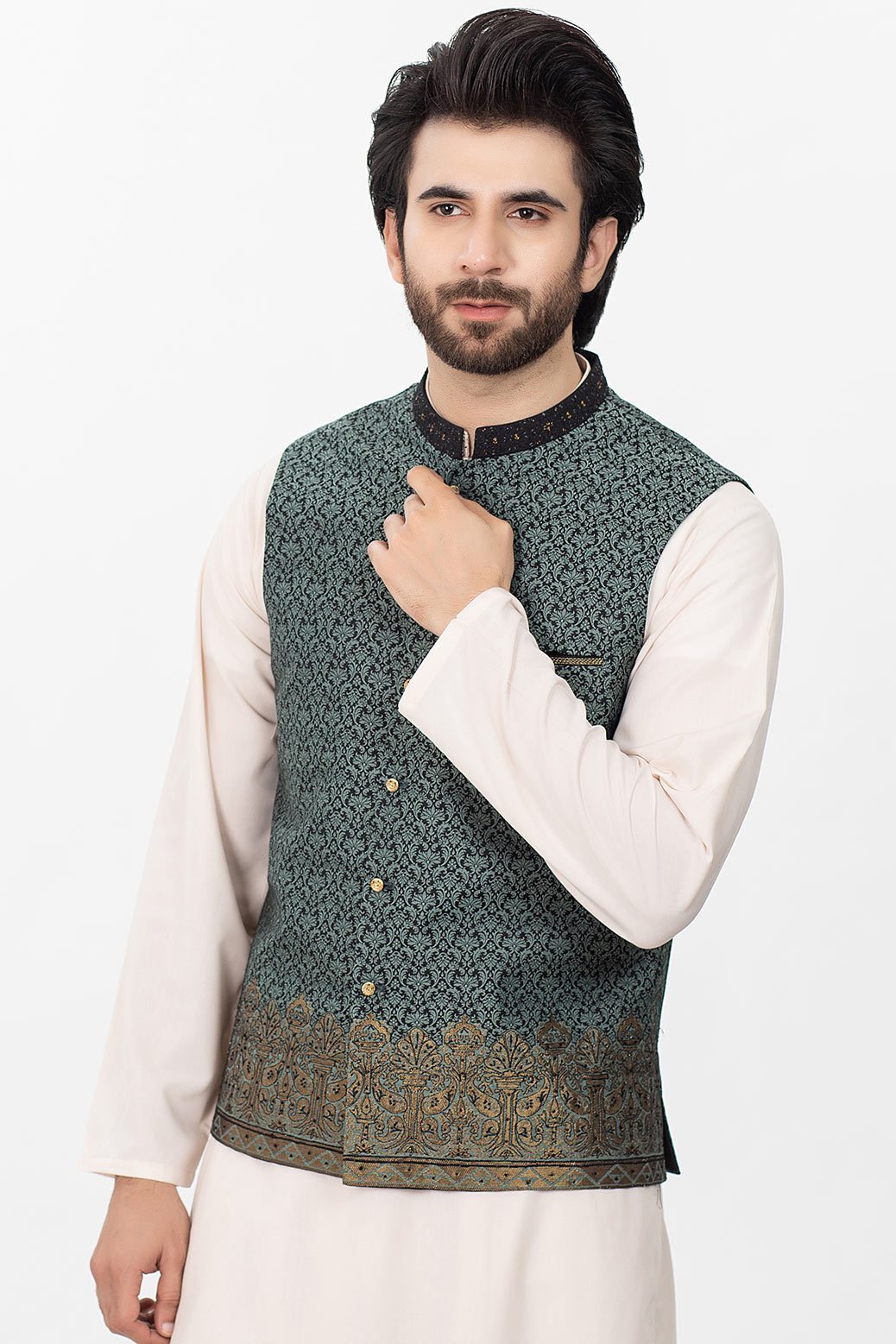 B-GREEN-JAMAWAR-WAIST COAT (50895)