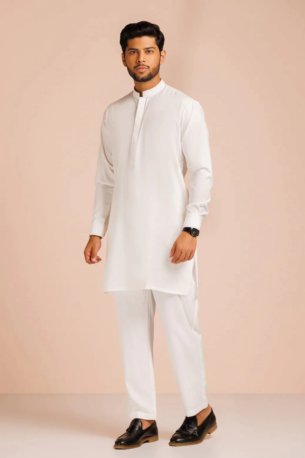 WHITE-BLENDED-KURTA PAJAMA TROUSER (KSS23-023)