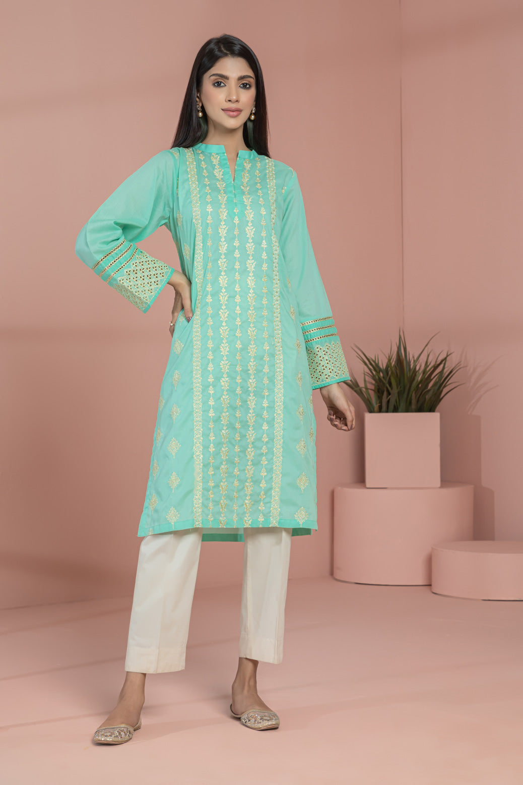 AQUA-GREEN-LAWN CHIKANKARI-KURTI (SSK221P08)