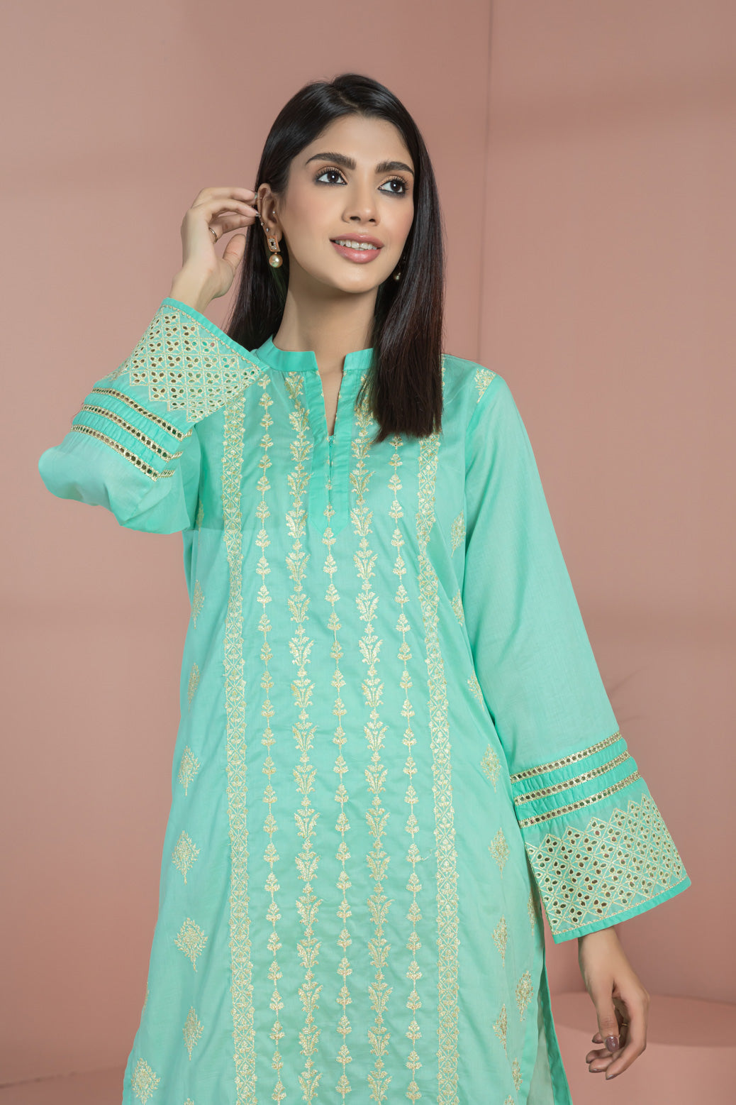 AQUA-GREEN-LAWN CHIKANKARI-KURTI (SSK221P08)