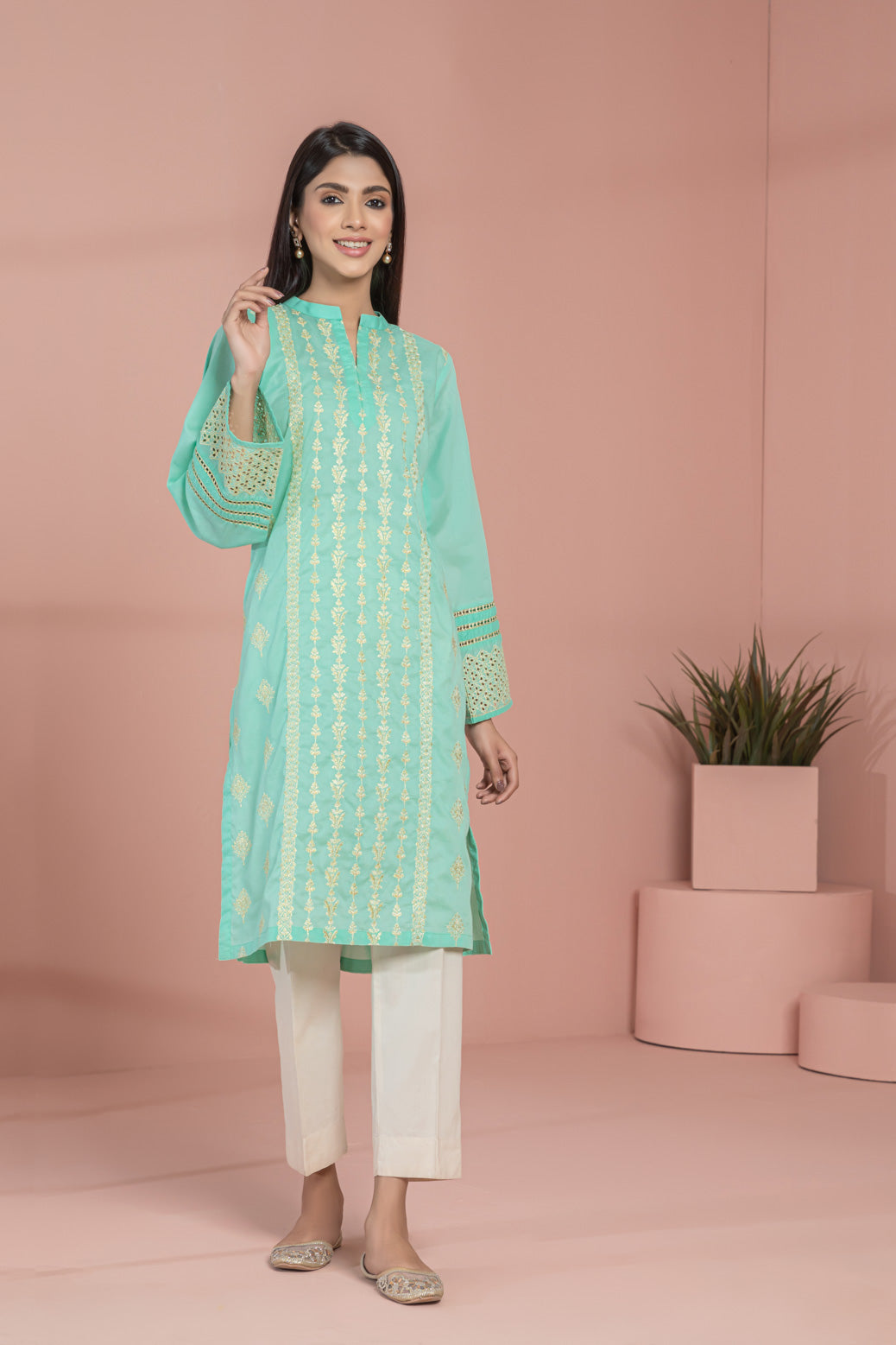 AQUA-GREEN-LAWN CHIKANKARI-KURTI (SSK221P08)