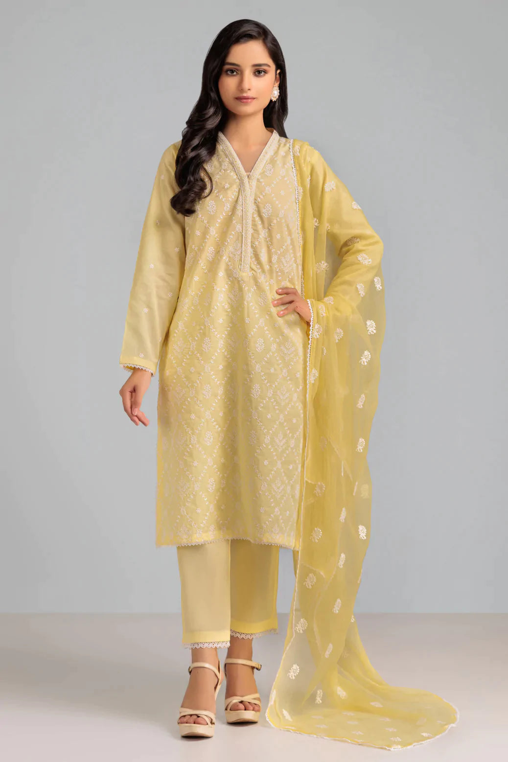 YELLOW-CAMBRIC CHIKANKARI-3 PIECE-SUIT (WSS223P97)